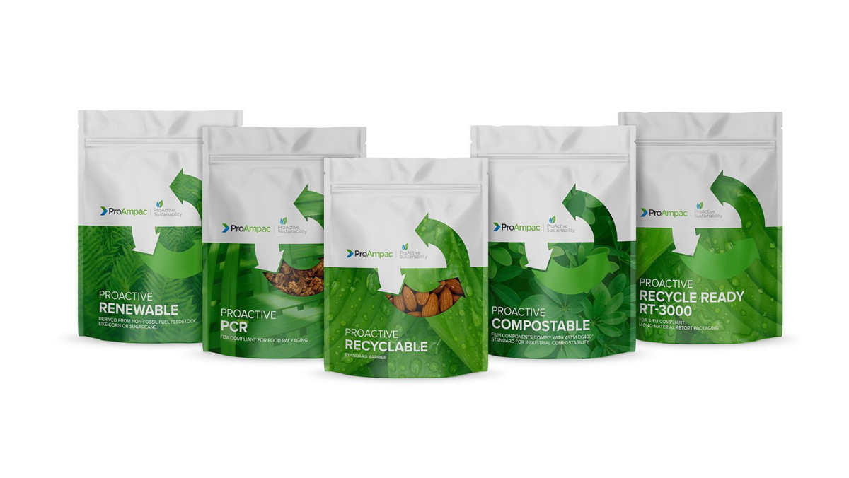 ProAmpac sustainable fiber packaging pouches displayed in product lineup
