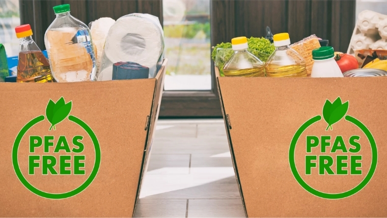 Two cardboard boxes labeled PFAS Free holding food containers and bottles