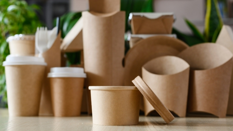 Reusable paper food and drink containers arranged on a table
